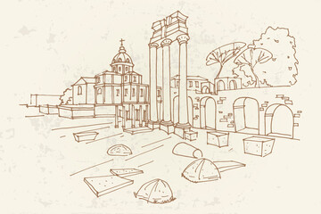 vector sketch of Ancient ruins of a Roman Forum or Foro Romano, Rome, Italy. Retro style.