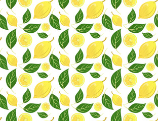 seamless bright pattern with lemon and green leaves on a white background, vector illustration