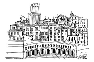 vector sketch of Trajan's Market (Mercati Traianei). Rome. Italy.