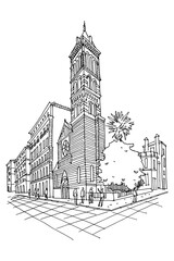 Vector sketch of St Paul's Within the Walls church (American Church) on Via Nazionale in Rome, Italy.