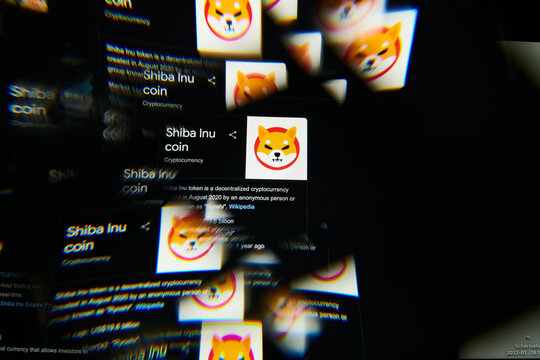 Milan, Italy - January 11, 2022: shiba inu - SHIB logo on laptop screen seen through an optical prism. Dynamic and unique image form shiba inu, SHIB coin website. Illustrative editorial.