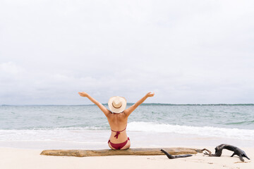 Full length image of unrecognizable woman on tropical island seashore with raised arms. Panoramic rear view of woman in bikini with hat on paradisiacal beach. People traveling and holidays concept © beavera