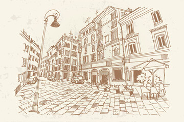 Vector sketch of street scene in Rome, Italy. Retro style. - 480915500