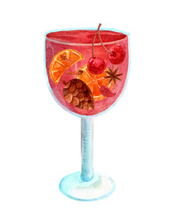 Watercolor glass colored wine glass isolated on white background. Cherry drink with fruit in a glass for a holiday card. Christmas mulled wine.