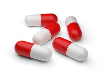Red and white capsule pills isolated on white background. 3D rendering