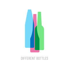 Set of three bottles of different shapes. Beer bottles of different colors. Silhouettes vector icons.