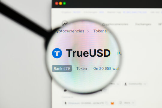 Milan, Italy - January 11, 2022: trueusd - TUSD website's hp.  trueusd, TUSD coin logo visible through a loope. Defi, ntf, cryptocurrency concepts illustrative editorial.