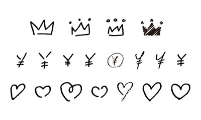 いろんな王冠／円マーク／ハート／手書き／素材／鉛筆やペンで書いたようなベクターの素材です。ポイント、見出し、演出など、いろいろ使えて便利！