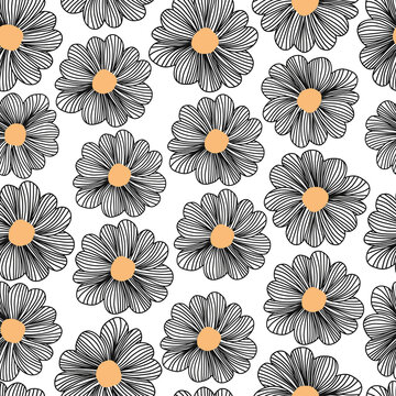 Line Art doodle flower seamless vector pattern. Repeating floral background black white orange. Use for fabric, textile, wrapping, wallpaper, coloring page, summer decor.