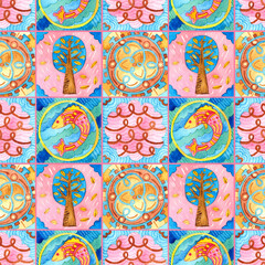 Watercolor seamless pattern of colorful tiles, natural motives. Square mosaic illustration for home decoration, fabric or packaging.