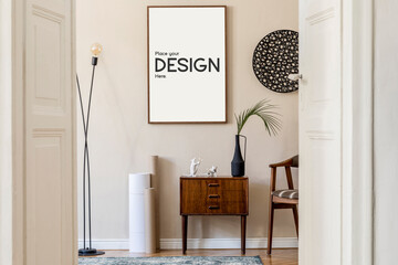 Scandinavian and design home interior of living room with mock up poster map, wooden retro commode, chair, lamp, rattan decoration and elegant accessories. Stylish home staging. Beige wall.Template.