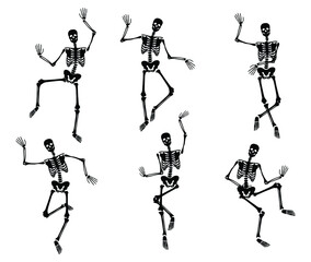 Set of dancing skeleton. Collection of silhouette skeletons in dance. Happy Halloween. Human anatomy. Vector illustration isolated on white background.