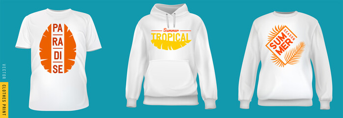 Tropical leaf print. Set realistic t-shirt, sweatshirt, hoodie base cloth isolated on simple background. Mockup for branding man or woman fashion. Design casual template. 3d vector illustration. - obrazy, fototapety, plakaty