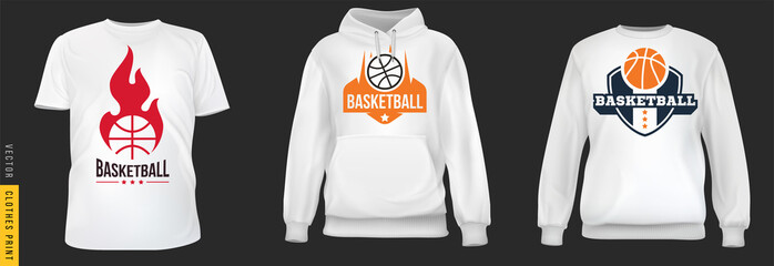 Basketball art print. Set realistic t-shirt, sweatshirt, hoodie base cloth isolated on simple background. Mockup for branding man or woman fashion. Design casual template. 3d vector illustration.