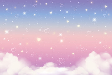 Holographic fantasy rainbow unicorn background with clouds, hearts and stars. Pastel color sky. Magical landscape, abstract fabulous pattern. Cute candy wallpaper. Vector © Chorna_L