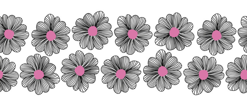 Line Art doodle flower seamless vector border. Repeating floral pattern black white pink. Use for fabric trim, ribbons, card, footer, header, wall decal, summer decor, coloring pages