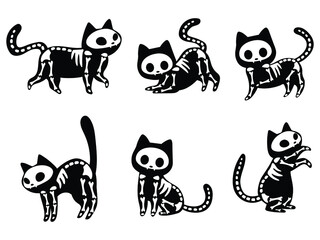 Set of skeleton black cats. Collection of silhouette halloween cats with bones costume. Funny pets. Vector illustration on white background. Tattoo. - obrazy, fototapety, plakaty