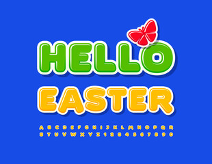 Vector cute card Hello Easter with decorative Butterfly. Sunny Yellow Font. Creative Alphabet Letters and Numbers set for Kids