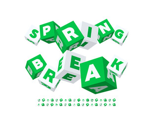 Vector trendy poster Spring Break with Cubic Font. Isometric creative ALphabet Letters and Numbers set