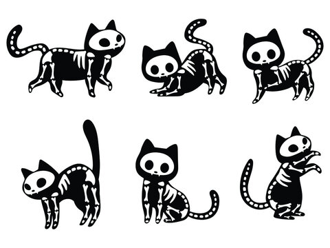 Set of skeleton black cats. Collection of silhouette halloween cats with bones costume. Funny pets. Vector illustration on white background. Tattoo.
