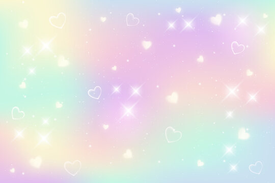Rainbow fantasy background. Holographic illustration in pastel colors. Cute cartoon girly background. Bright multicolored sky with bokeh and hearts. Vector.