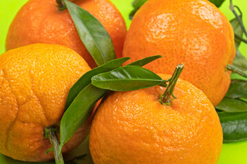 several isolated clementines on a green background