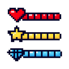 Pixel game element. Game pixel art magic items, digital pixelated lives bar and menu button.