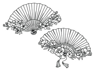 Set of folding hand fan. Collection of f Asian fan with flowers sakura. Floral hand woman fan. Girls accessory. Fashion. Vector illustration on white background. - obrazy, fototapety, plakaty