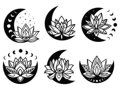 Set of moon lotus. Collection of silhouette of lotus flower with phases of the moon. Meditation. Yoga symbol. Vector illustration isolated on white background.