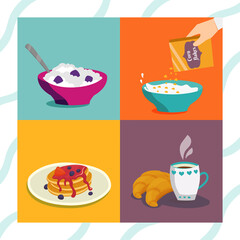 Set of breakfasts. Cereals, pancakes, porrige, croissants with coffee in flat design