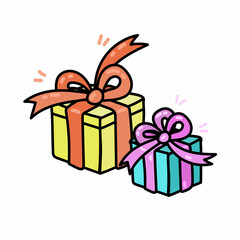 Beautiful present blue and yellow boxes with red bow. Vector illustration. Christmas gift box.