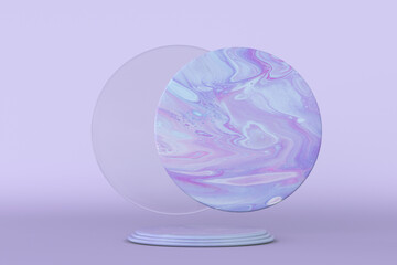 3d minimal purple marble geometric studio pedestal isolated on violet background, round frame, abstract beauty product concept, luxury minimalist graphic design