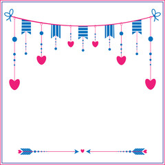 Background for postcards and posters Valentine's Day garland with hearts arrows flags