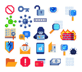 Pixel art icons set. Hacker man character with laptop, internet, code, bug, key. E-mail spam viruses bank account hacking. Internet crime concept. Online scam and steal. - obrazy, fototapety, plakaty