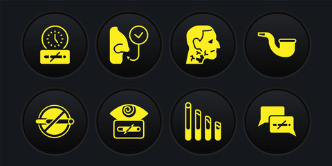 Set No smoking, pipe, Hypnosis, Smoking cigarette, Throat cancer, Healthy breathing, and time icon. Vector