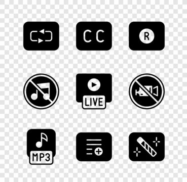 Set Repeat button, Subtitles, Record, MP3 file, Add playlist, Photo retouching, Speaker mute and Live stream icon. Vector