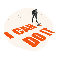 Contemporary art collage. Office worker, employee cleaning word not symbolizing that everything is possible