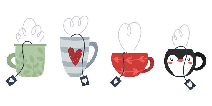 Set of cute hand drawn teacups with various ornaments. Collection of flat vector sweet mug illustrations for packaging, banner, print, card, fabric, label, wallpaper, textile, wrapping paper, gift.
