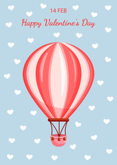 Vector illustration of a pink balloon on a background of hearts for valentine's day for postcard, textiles, decor, poster. Greeting card.