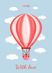 Vector illustration of pink hot air balloon on valentine's day clouds background for postcard, textile, decor, poster. Greeting card.