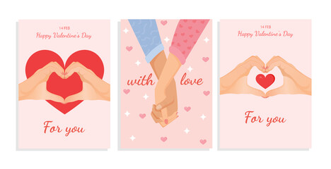 Set of romantic illustrations for cards, poster, banner, internet. Collection of vector design with hands of lovers together, gesture of heart for valentine's day. Love, family, friendship.