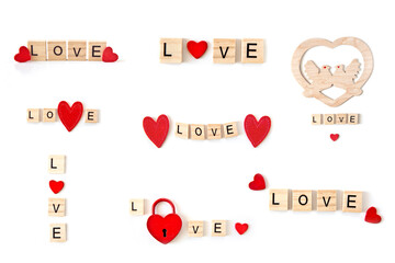 Red hearts and " Love" text on white  background.