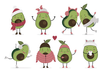 Set of cute avocado characters in winter clothes. Winter activity. Printable print for clothes, posters, notebooks, postcards. Cartoon isolated illustration on white background