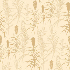 beige realistic pattern in natural beige shades with silhouettes and graphic drawn herbs in vector for textile and surface design