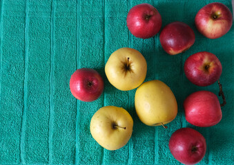 red and yellow apples on green