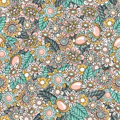Fototapeta na wymiar Spring. Perfect for wallpapers, gift paper, greeting cards, fabrics, textiles, web designs. Cute seamless pattern of beautiful flowers and leaves. Hand-drawn. Vector illustration.