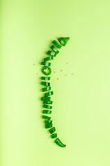 Sliced green chili pepper lying on color background