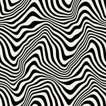 Vector Seamless Pattern. Abstract Striped Texture With Bold Monochrome Waves. Creative Background With Hand Drawn Blots. Decorative Design With Distorted Effect.