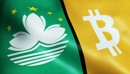 3D Waving Macao and Bitcoin Flag