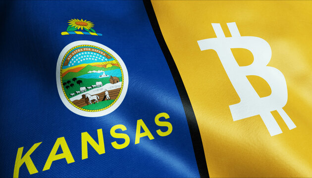3D Waving Kansas and Bitcoin Flag